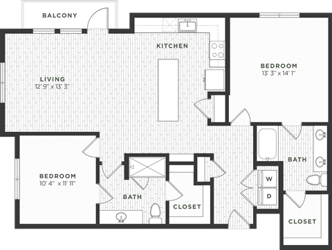 Floor plan for 2 beds, 2 baths, 1282 sqft